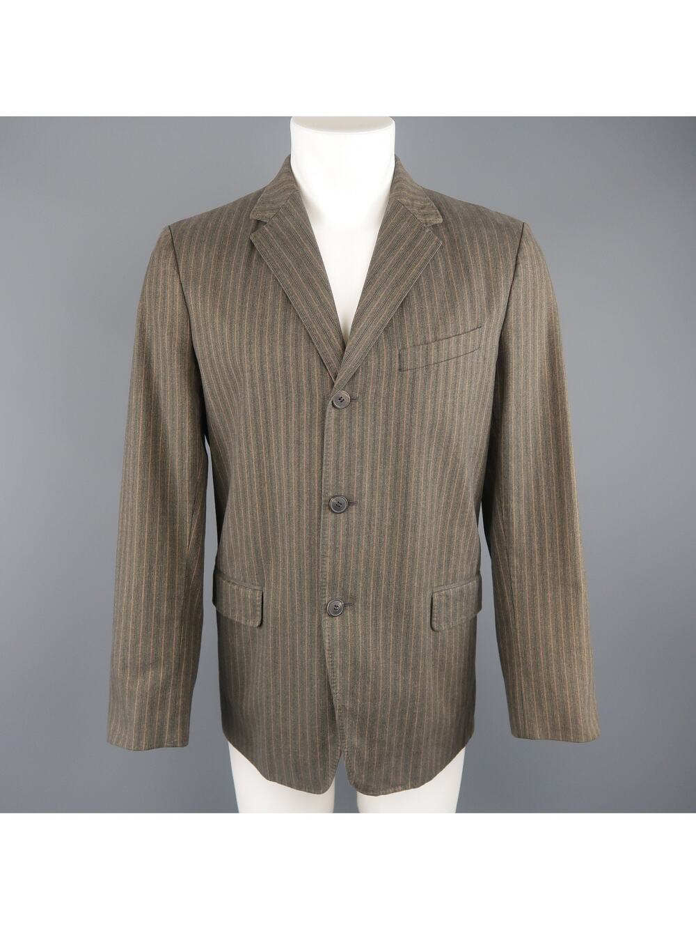 DRIES VAN NOTEN 38 Taupe Striped Herringbone  Cotton Notch Lapel Sport Coat